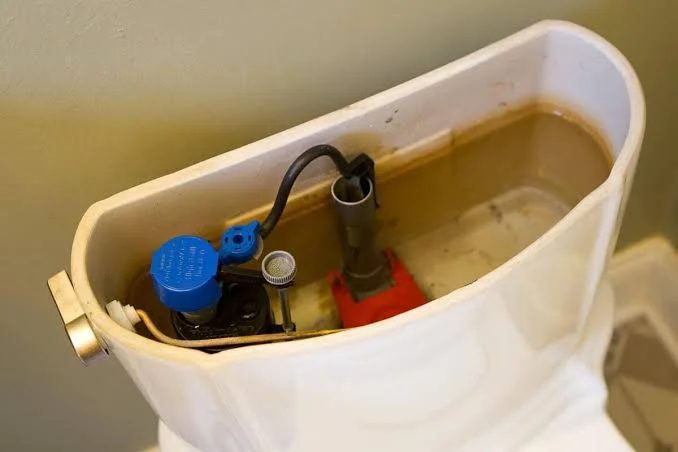Open toilet tank showing the fill valve and flapper during a Yorba Linda toilet repair